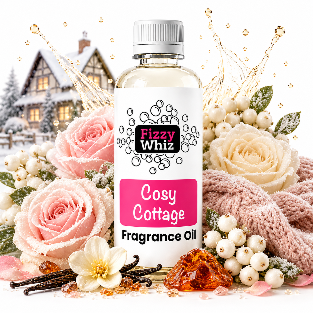 A bottle of Fizzy Whiz Cosy Cottage Fragrance Oil centered in a styled holiday scene with pink and cream roses, white berries, vanilla beans, amber pieces, a knit scarf, and a snowy house background.