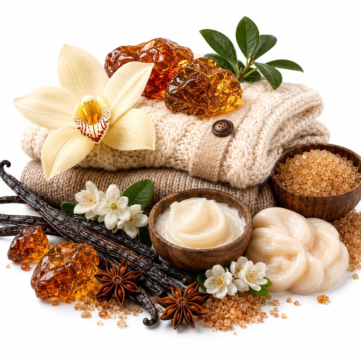 A styled beauty product arrangement on a white background featuring a cream-colored body butter or soap cream in wooden bowls, brown sugar, amber honey crystals, vanilla beans, star anise, white flowers, and a folded beige knit towel with a yellow orchid.