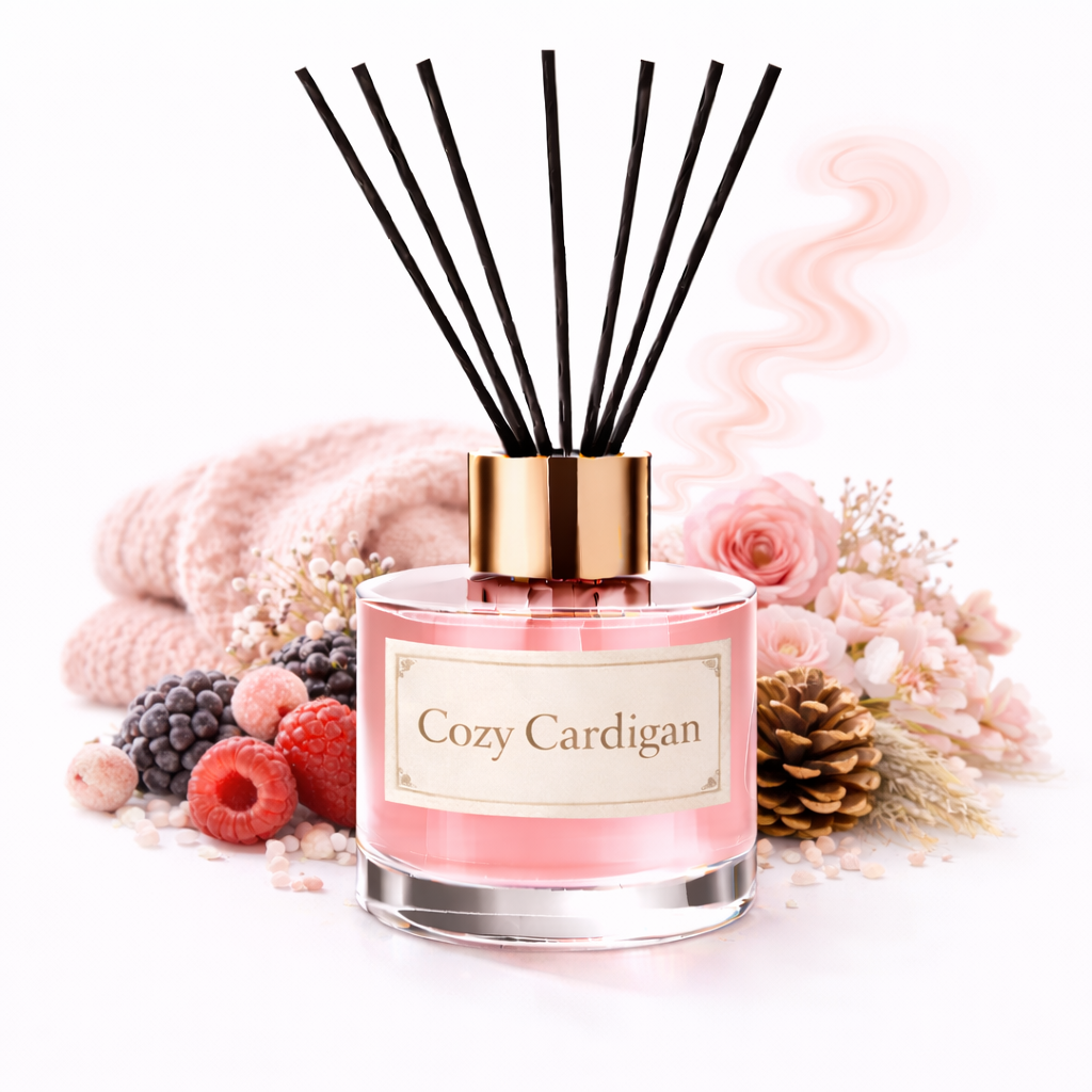 Reed diffuser labeled 'Cozy Cardigan' with decorative elements on a white background