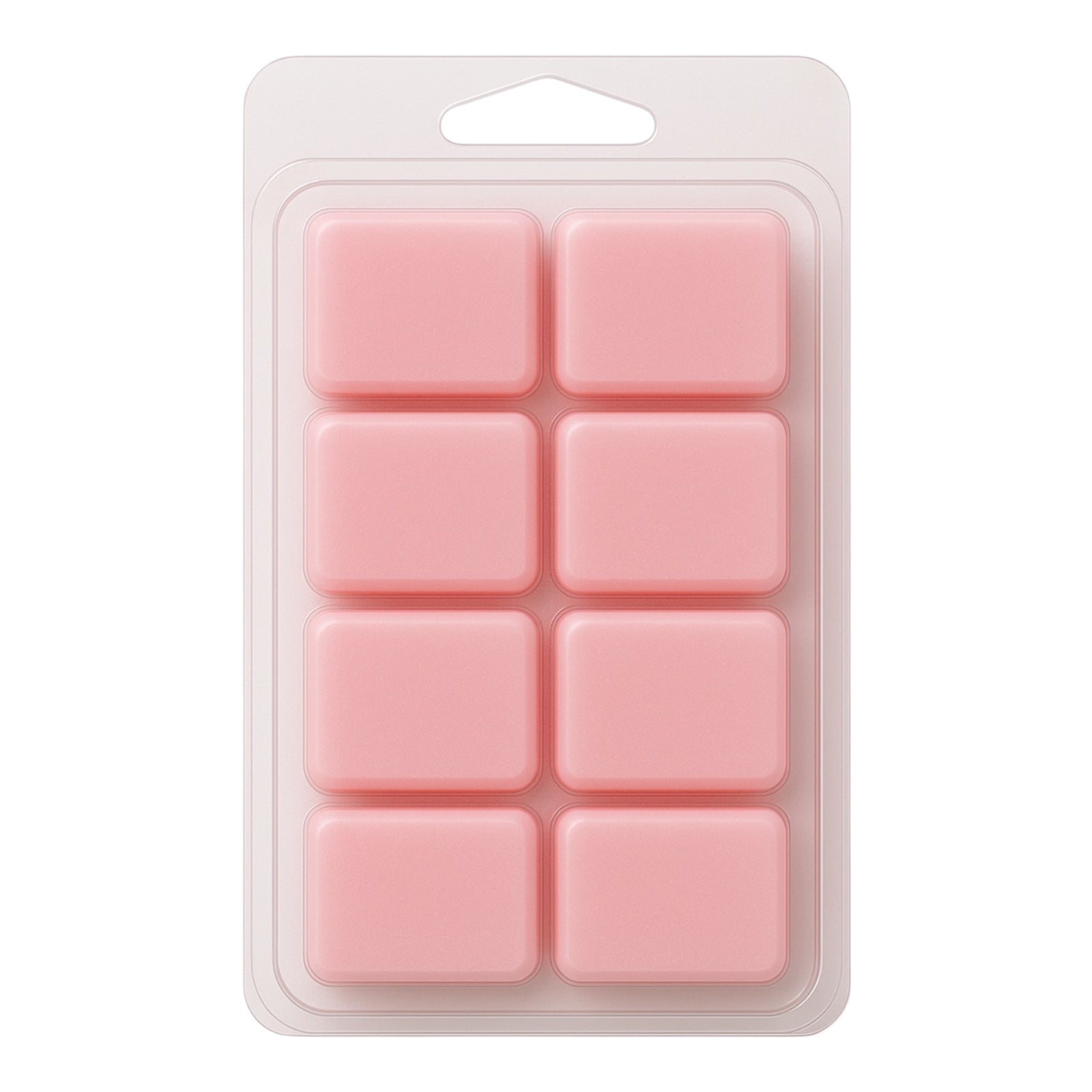 Pink wax melts in a clear plastic packaging on a white background