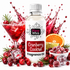 A bottle of Fizzy Whiz Cranberry Cocktail Fragrance Oil centered on a white background, surrounded by festive holiday props including fresh cranberries, a martini glass with red liquid and ice, an orange slice, lime, and a bowl of sugar-dusted cranberries. A red liquid splash graphic appears behind the bottle.