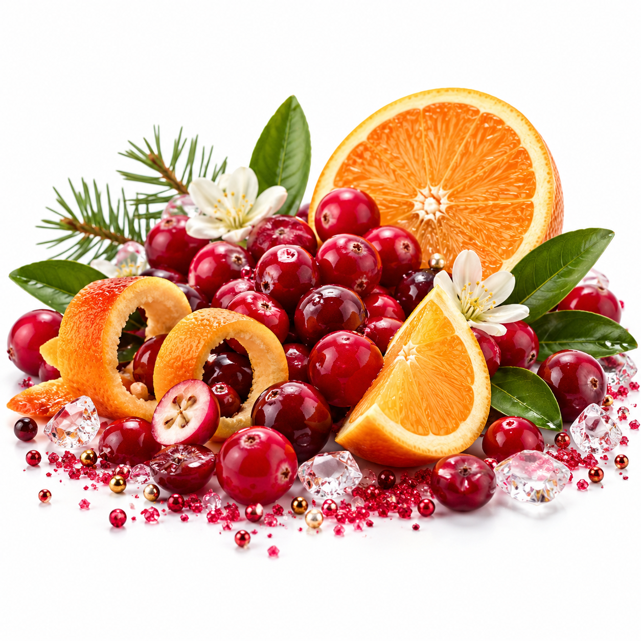 A festive arrangement of red cranberries, orange slices, dried orange peel, white blossoms, green leaves, pine needles, and clear ice crystals on a white background.