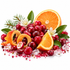 A festive arrangement of red cranberries, orange slices, dried orange peel, white blossoms, green leaves, pine needles, and clear ice crystals on a white background.