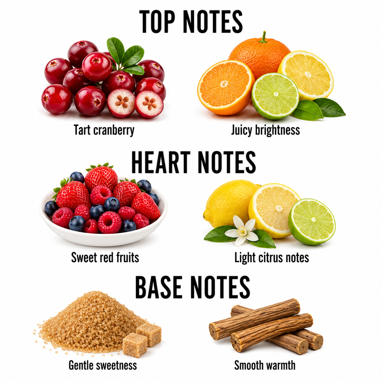 A fragrance notes graphic on a white background with the headings TOP NOTES, HEART NOTES, and BASE NOTES. Top notes shown are tart cranberry, juicy brightness, sweet red fruits, and light citrus notes, each paired with fruit imagery.