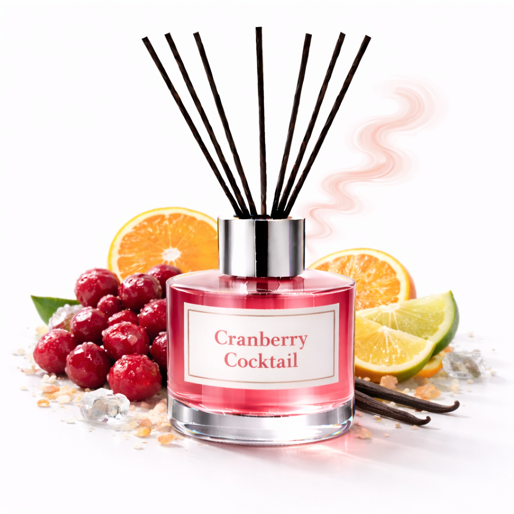 Diffuser bottle labeled 'Cranberry Cocktail' with cranberries, oranges, and vanilla beans on a white background