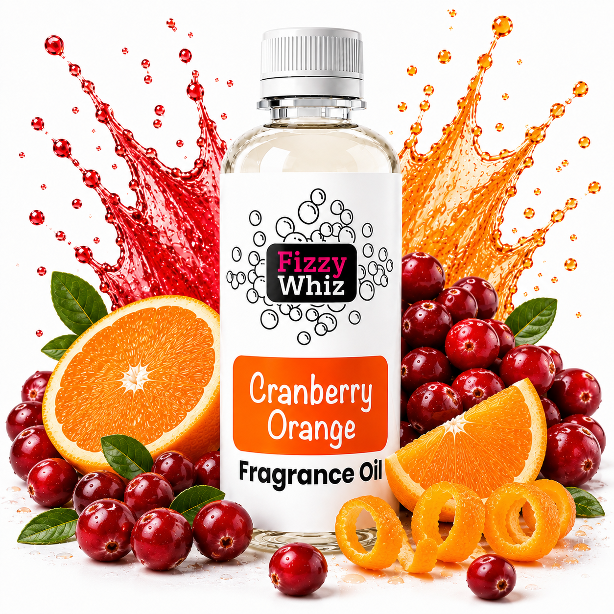 A bottle of Fizzy Whiz Cranberry Orange Fragrance Oil centered on a white background, surrounded by sliced oranges, whole cranberries, and orange juice splashes.