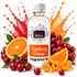 A bottle of Fizzy Whiz Cranberry Orange Fragrance Oil centered on a white background, surrounded by sliced oranges, whole cranberries, and orange juice splashes.