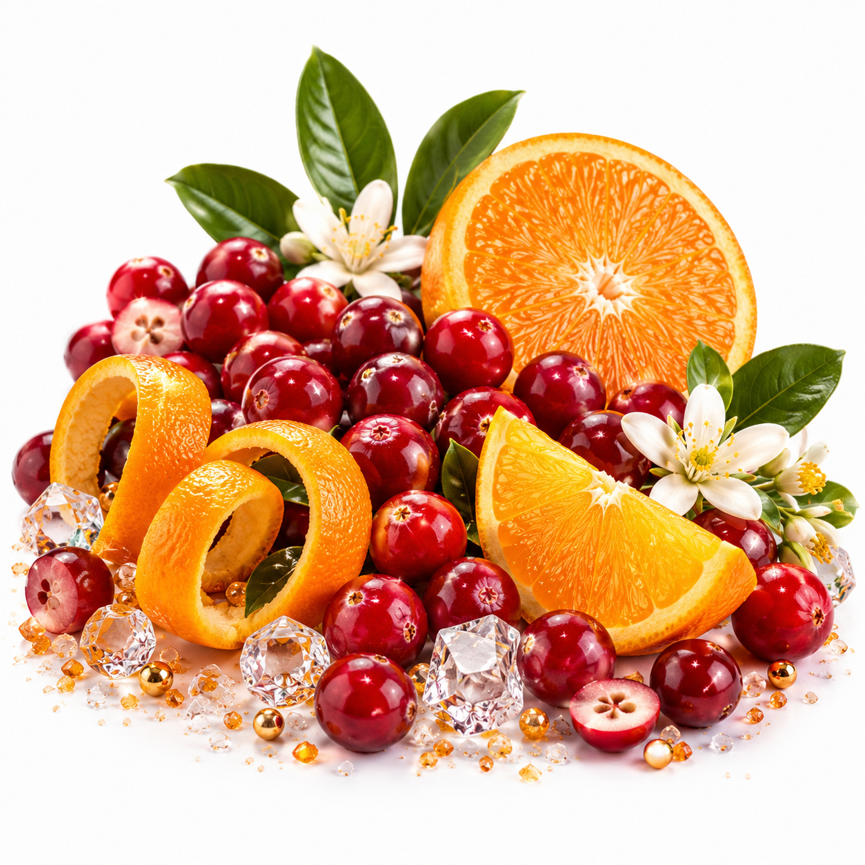 A styled arrangement of fresh cranberries, sliced orange, orange curls, white blossoms, green leaves, and clear ice crystals on a white background.