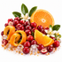 A styled arrangement of fresh cranberries, sliced orange, orange curls, white blossoms, green leaves, and clear ice crystals on a white background.