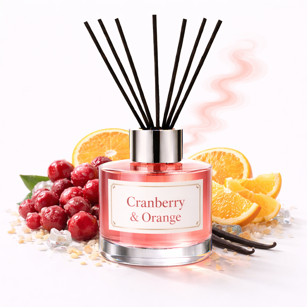 Diffuser with cranberry and orange theme on a white background