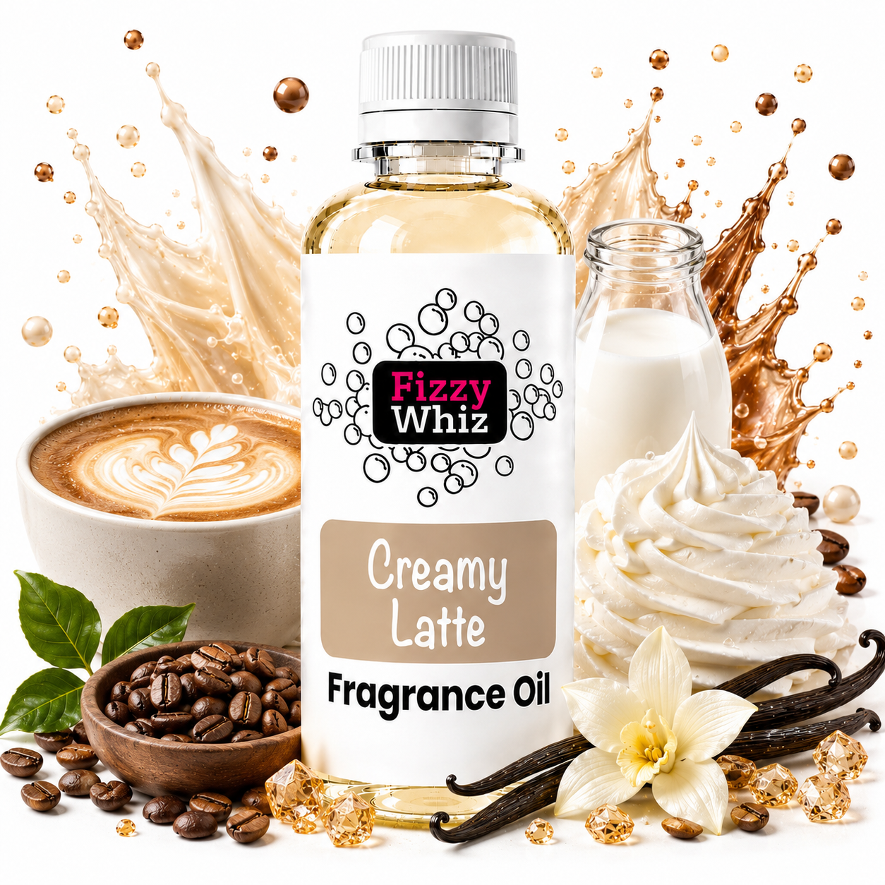 A bottle of Fizzy Whiz Creamy Latte Fragrance Oil centered on a white background, surrounded by coffee-themed props including a cup of latte, whipped cream, coffee beans, vanilla beans, a flower, and liquid splash graphics. The product bottle has a white cap and white label with a tan panel reading 'Creamy Latte Fragrance Oil.