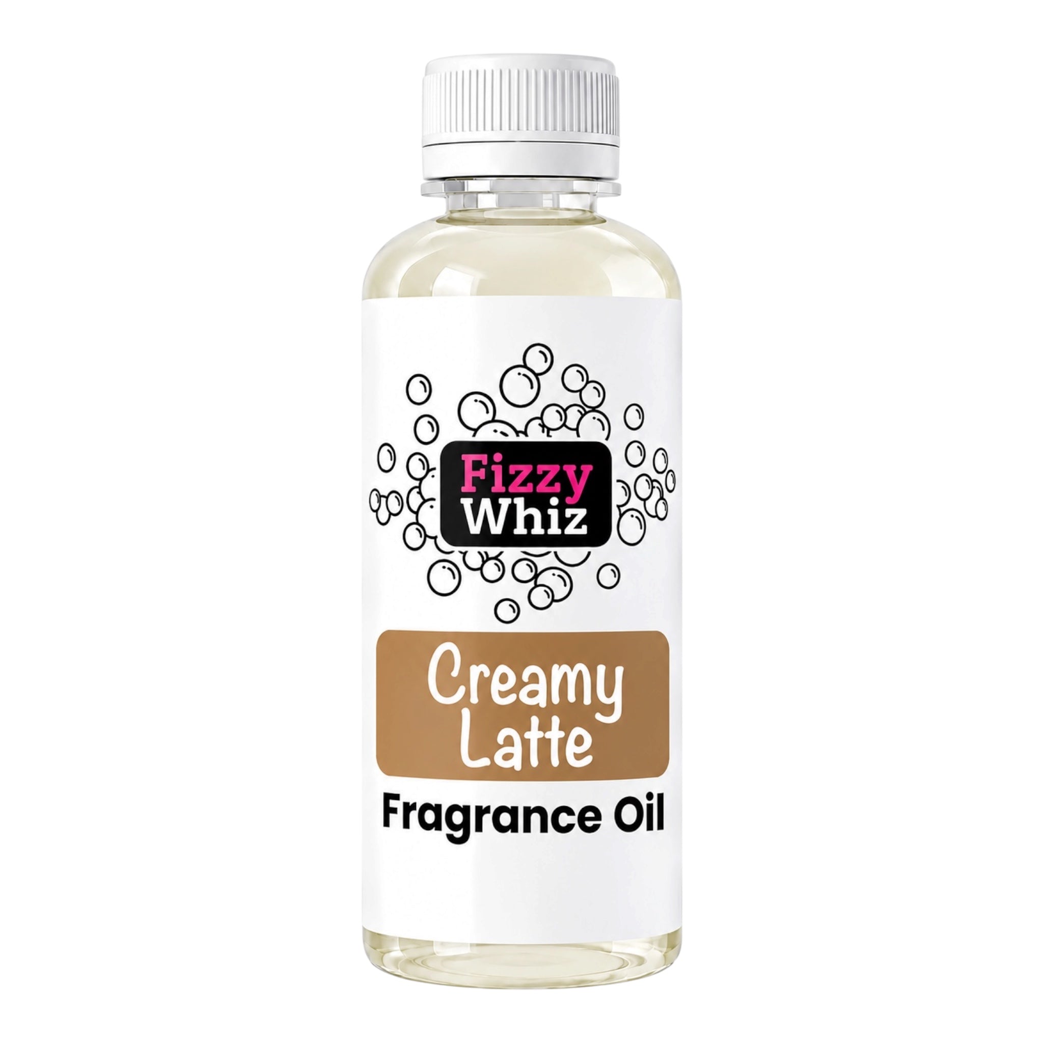 A bottle of Fizzy Whiz Creamy Latte Fragrance Oil, featuring a white cap, clear bottle showing the oil inside, and a white label with brown and pink branding.