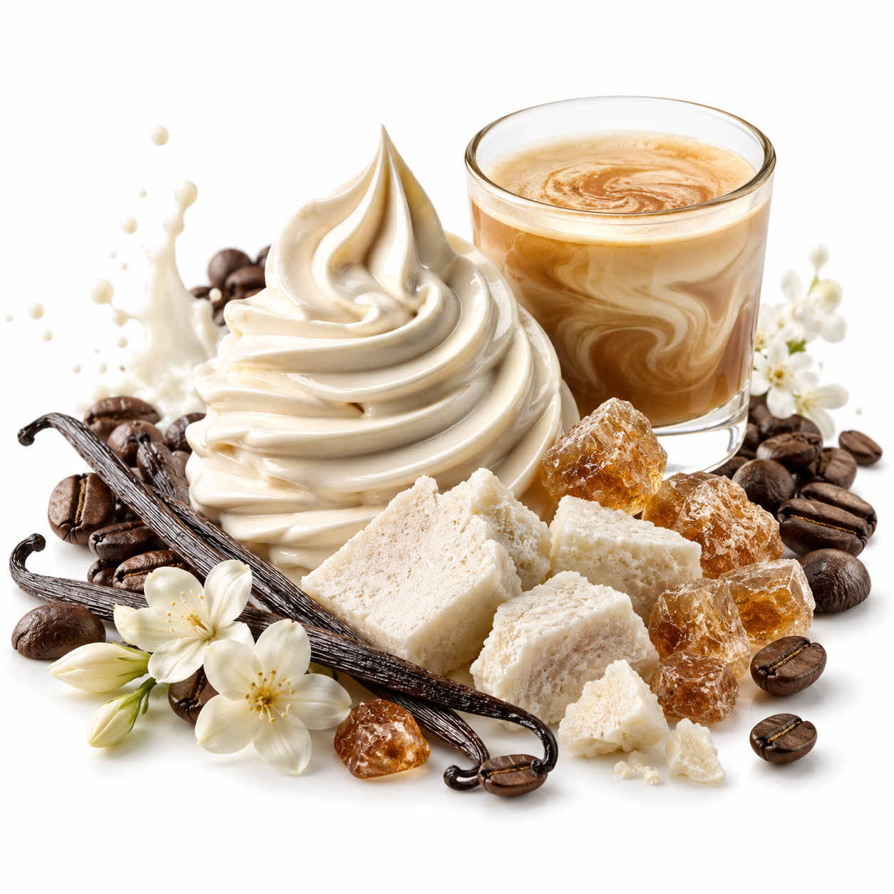 A styled food product shot featuring a swirl of vanilla ice cream, a glass of coffee latte, coffee beans, vanilla beans, white flowers, and sugar cubes arranged on a clean white background.