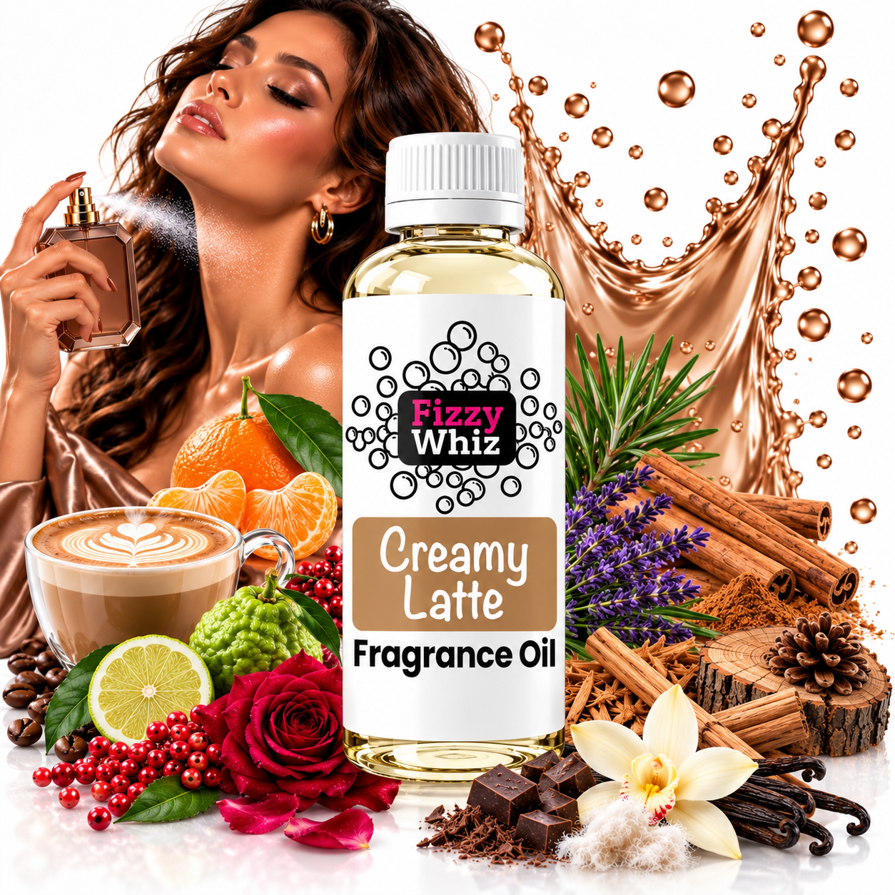 FizzyWhiz Creamy Latte Fragrance Oil bottle surrounded by coffee, citrus fruits, rose, lavender, cinnamon, vanilla, chocolate and warm woody notes, with a woman spraying perfume in the background.