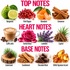A fragrance notes graphic titled 'TOP NOTES', 'HEART NOTES', and 'BASE NOTES' showing illustrated and photographic examples for each category, including bergamot, pink pepper, mandarin, cinnamon, caffé latte, Turkish rose, lavender, cypriol, cedarwood, sandalwood, chocolate musk, and KAYALI Signature Accord on a white background.