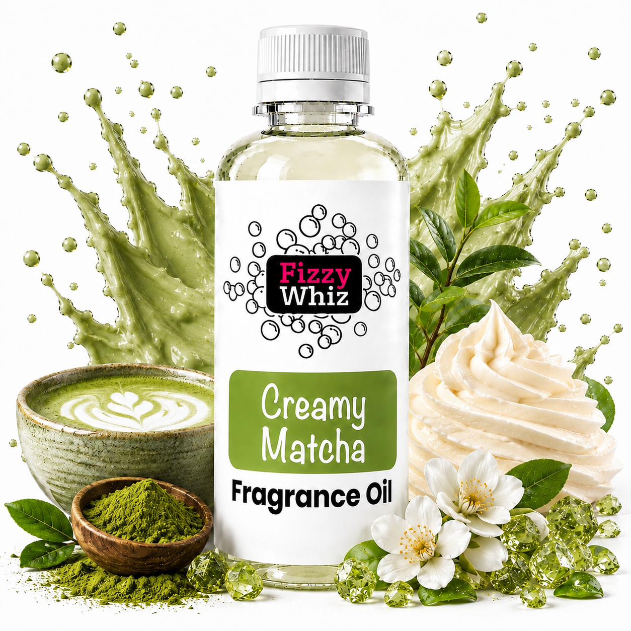 A bottle of Fizzy Whiz Creamy Matcha Fragrance Oil centered on a white background, surrounded by matcha green powder, a matcha latte, whipped cream, white flowers, and green leaves. The bottle has a white cap and a white label with green and black text.