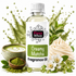 A bottle of Fizzy Whiz Creamy Matcha Fragrance Oil centered on a white background, surrounded by matcha green powder, a matcha latte, whipped cream, white flowers, and green leaves. The bottle has a white cap and a white label with green and black text.