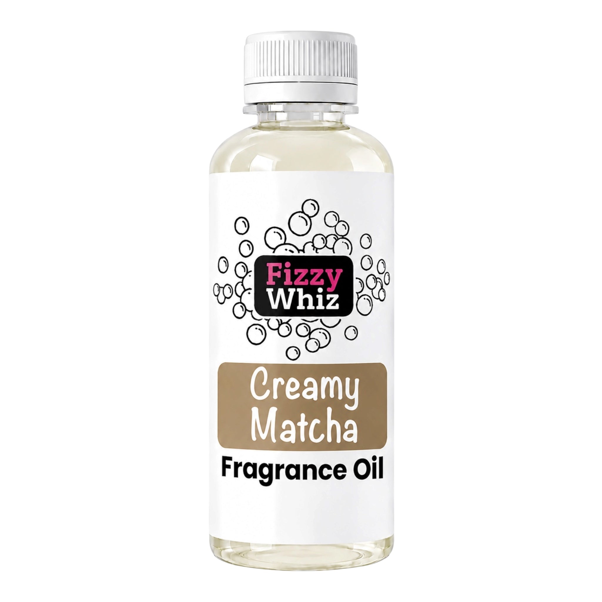 A bottle of Fizzy Whiz Creamy Matcha Fragrance Oil, featuring a white label with a brown matcha-colored block and a white ribbed cap, set against a plain white background.