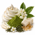 A styled product shot of matcha-inspired cream and powder with green tea leaves, white flowers, and honey on a clean white background.