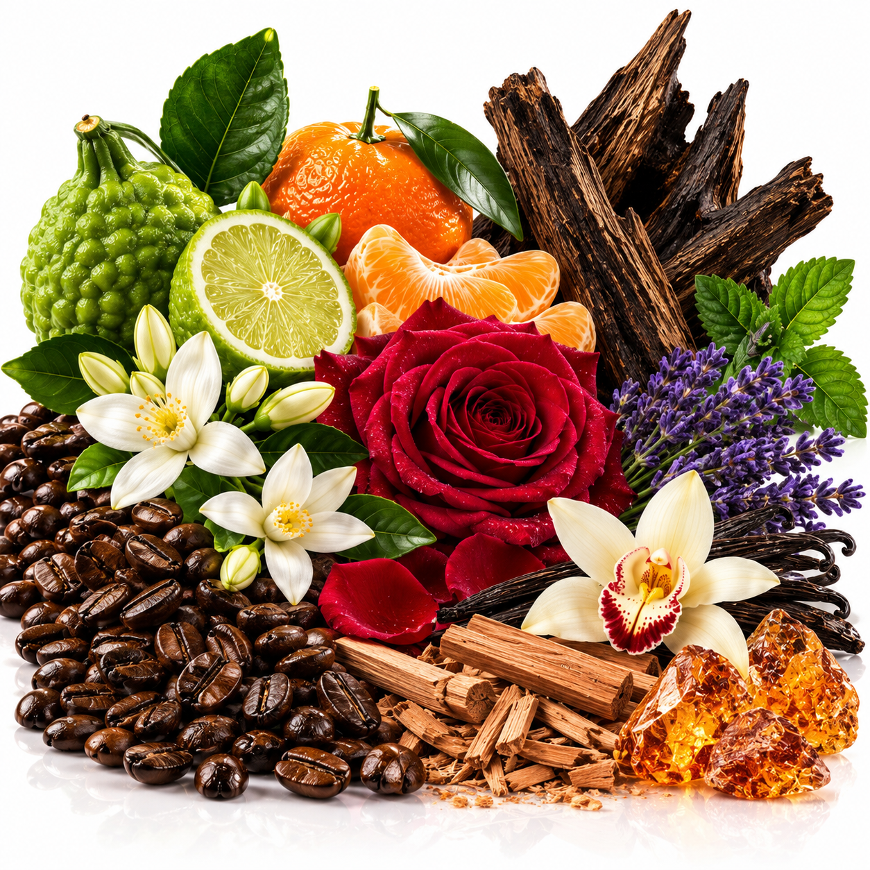 A styled botanical blend of natural ingredients including dark brown coffee beans, a red rose, white orchids, purple lavender, green kumquertz, orange slices, a lime half, cinnamon sticks, wood chips, and amber crystals on a white background.