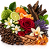 A styled botanical blend of natural ingredients including dark brown coffee beans, a red rose, white orchids, purple lavender, green kumquertz, orange slices, a lime half, cinnamon sticks, wood chips, and amber crystals on a white background.