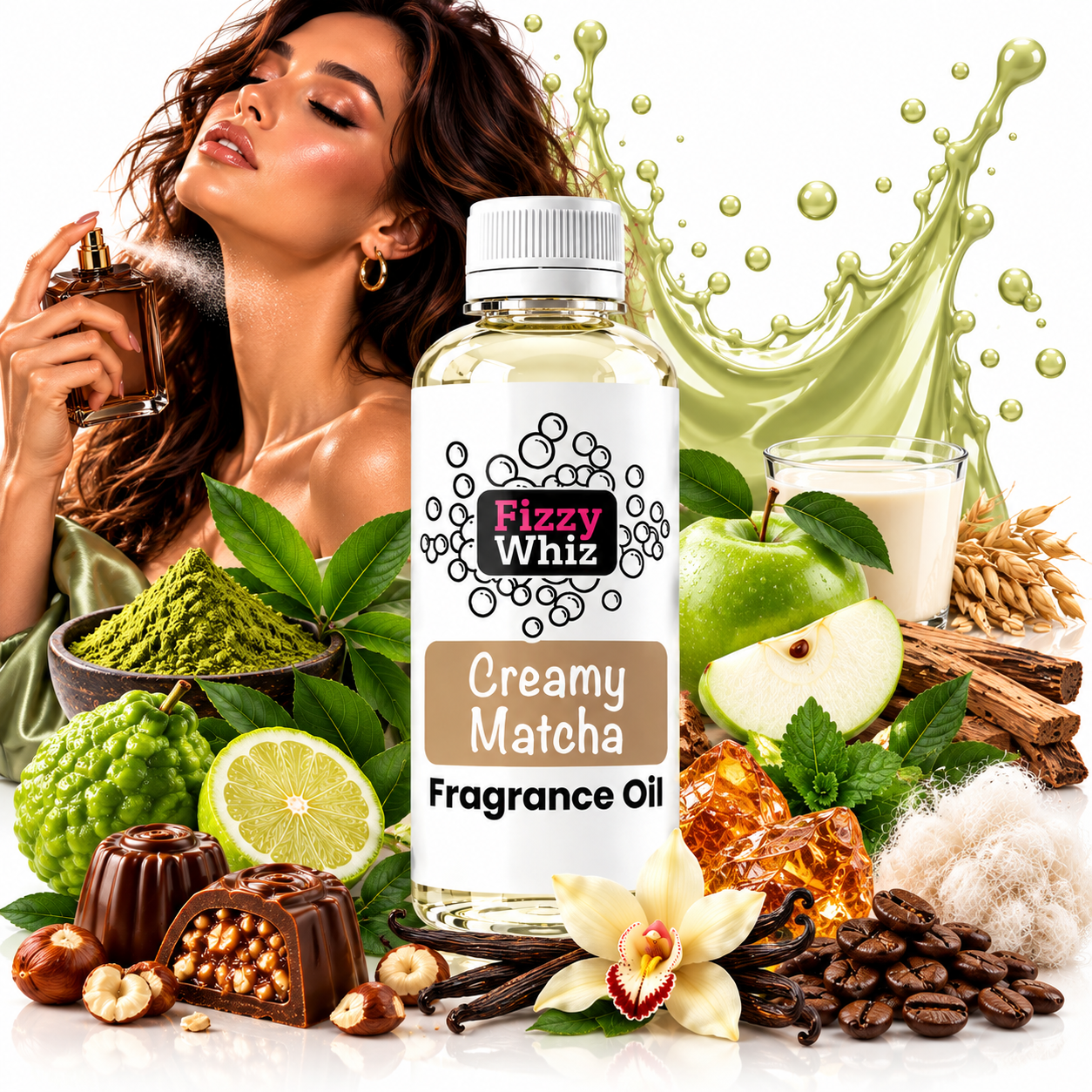 A bottle of Fizzy Whiz Creamy Matcha Fragrance Oil centered in a styled composition with a woman holding a perfume bottle, green matcha powder, apples, chocolate, coffee beans, vanilla, and a splash graphic in the background.