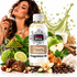 A bottle of Fizzy Whiz Creamy Matcha Fragrance Oil centered in a styled composition with a woman holding a perfume bottle, green matcha powder, apples, chocolate, coffee beans, vanilla, and a splash graphic in the background.
