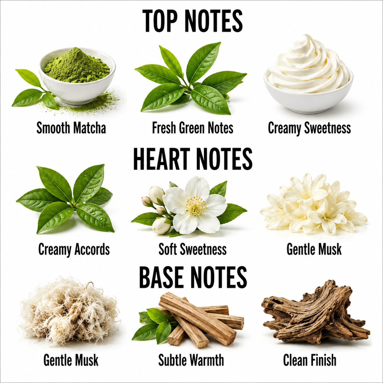 A fragrance notes infographic on a white background, divided into Top Notes, Heart Notes, and Base Notes. The top notes include Smooth Matcha green powder, Fresh Green leaves, and Creamy Sweetness whipped cream.