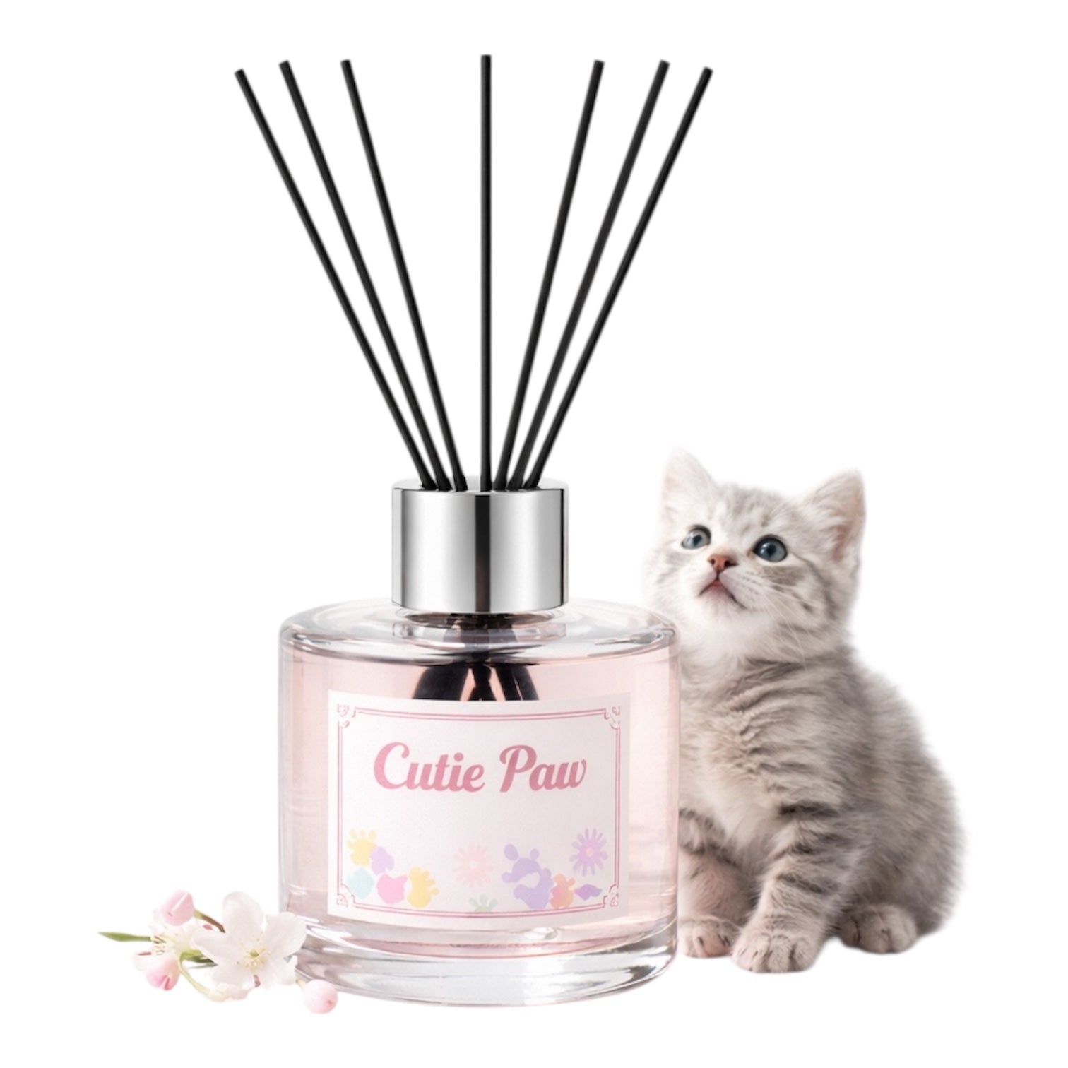Diffuser with 'Cutie Paw' label and a kitten on a white background