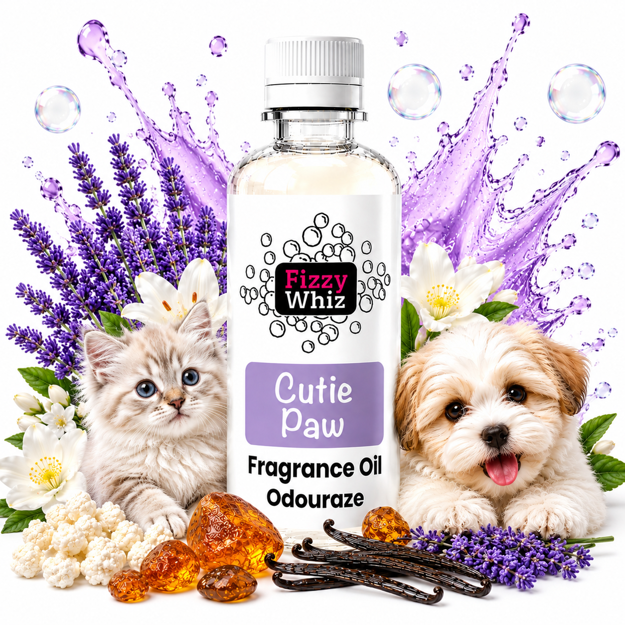 A bottle of Fizzy Whiz 'Cutie Paw' fragrance oil centered on a white background, surrounded by a fluffy kitten, a small dog, lavender sprigs, white flowers, vanilla beans, amber droplets, and purple splash graphics. The bottle label reads 'Fizzy Whiz' and 'Cutie Paw Fragrance Oil Odouraze'.