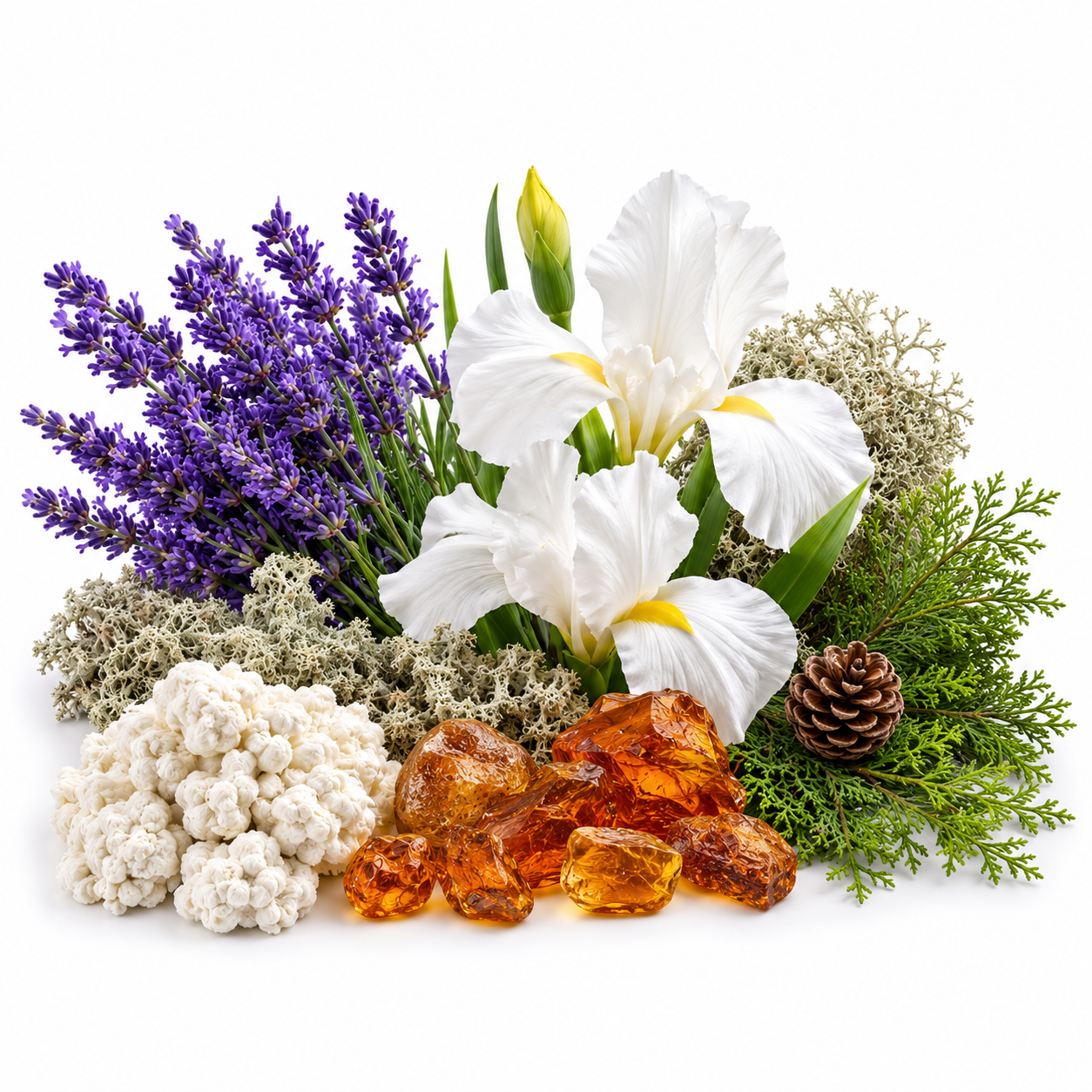 A botanical and natural assortment on a white background, featuring white irises, purple lavender, green conifer foliage, pale moss, white coral-like pieces, amber-colored crystals, and a small pinecone.