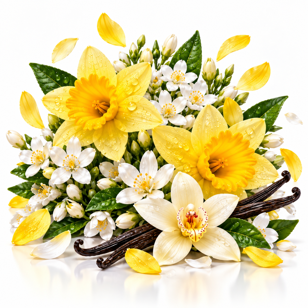 A floral arrangement featuring bright yellow daffodils, white jasmine-like blossoms, green leaves, scattered petals, vanilla beans, and a few white flowers on a clean white background.