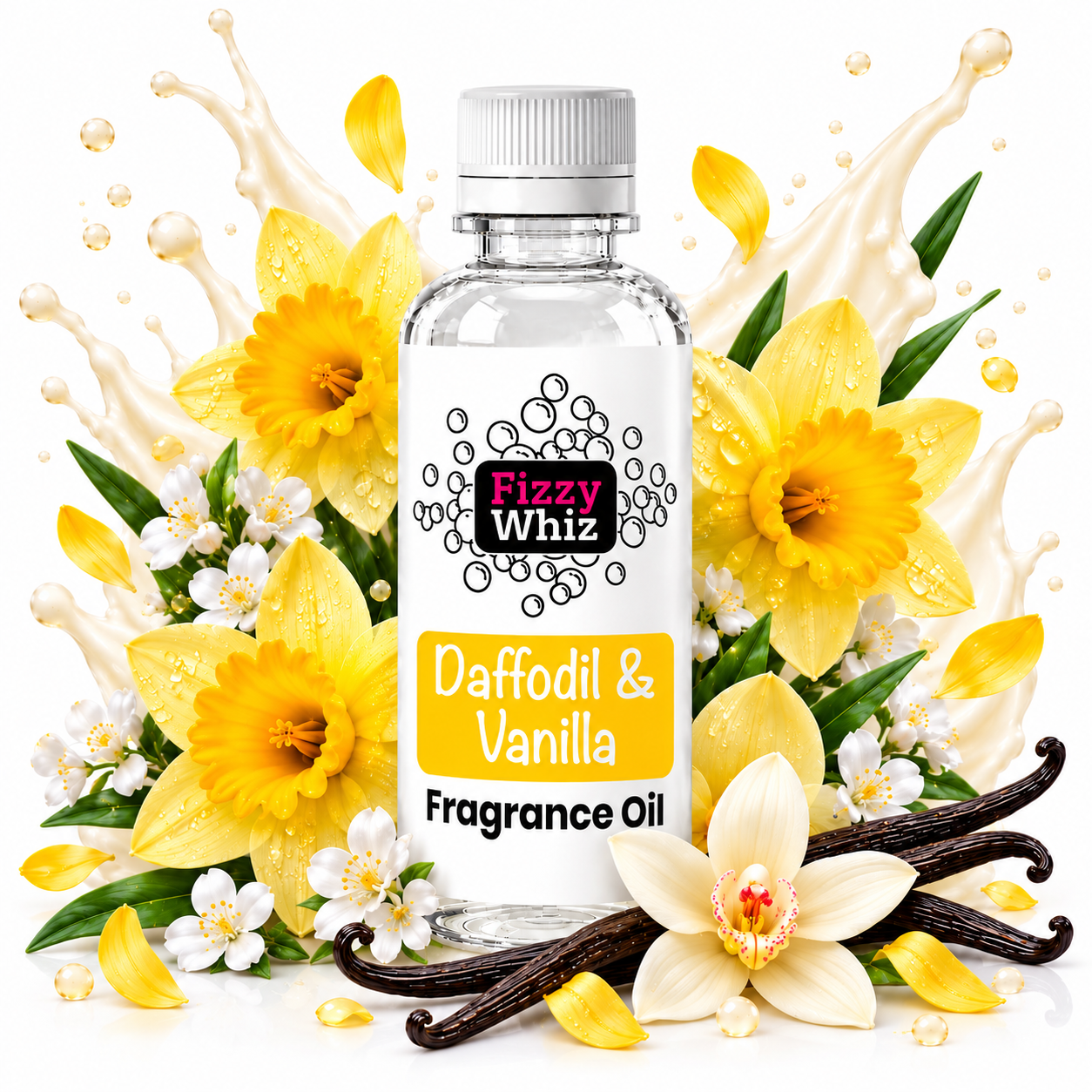 A bottle of Fizzy Whiz Daffodil & Vanilla Fragrance Oil centered on a white background, surrounded by yellow daffodils, white flowers, vanilla beans, and cream-colored liquid splashes. The bottle has a white cap and a white label with black and yellow text.