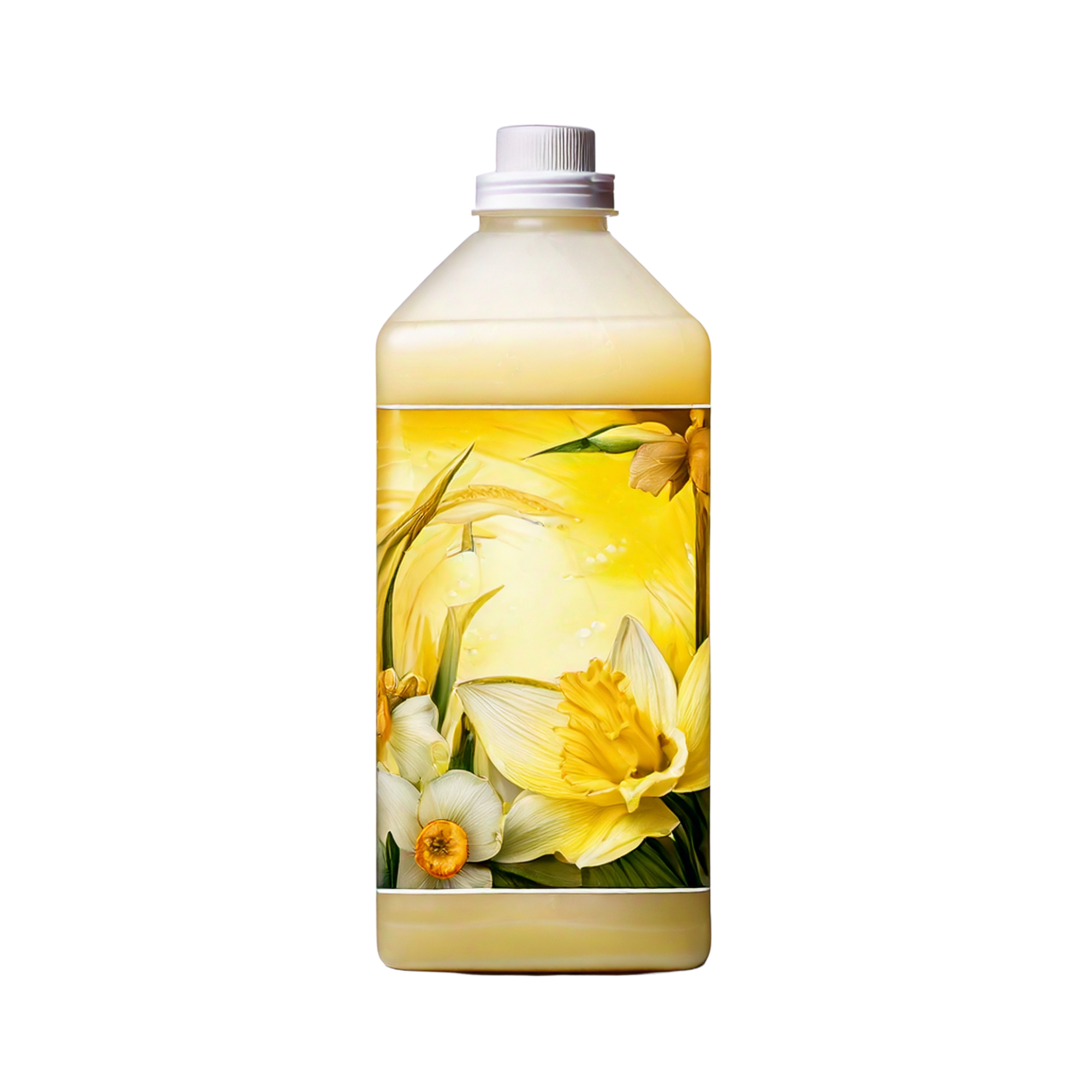 Tall plastic bottle with white cap and yellow daffodil floral label, shown upright on a light background.