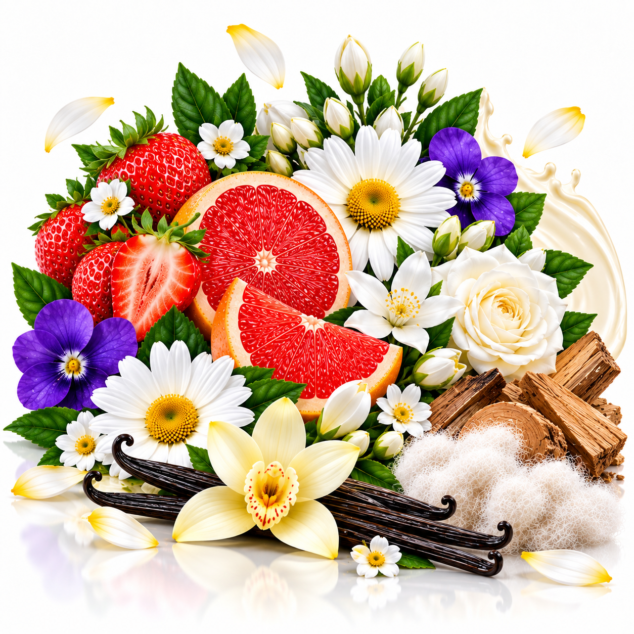 A styled botanical arrangement of white and purple flowers, sliced red grapefruit, vanilla beans, strawberries, white roses, leaves, cinnamon sticks, and fluffy white fibers on a clean white background.