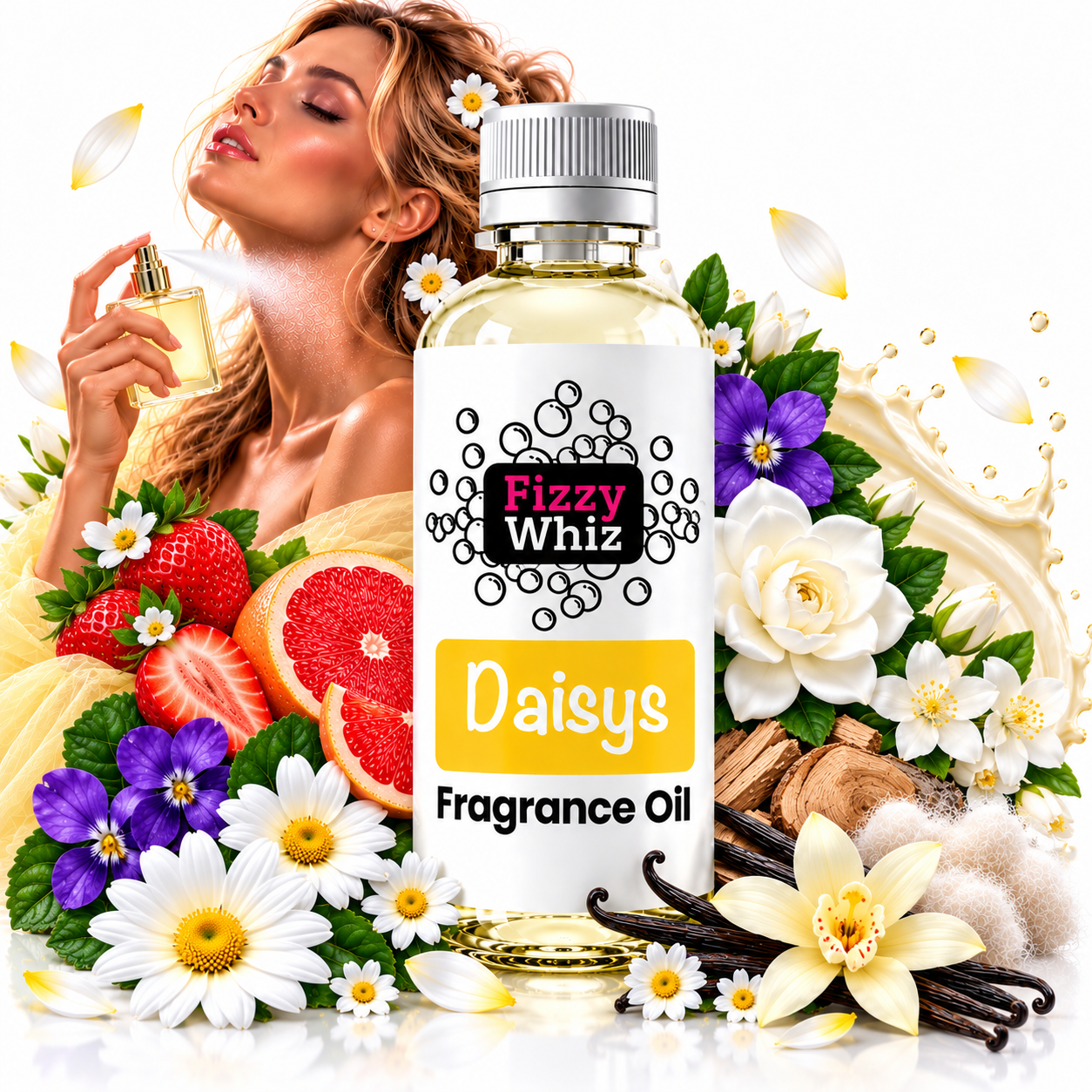 A bottle of Fizzy Whiz Daisys Fragrance Oil is centered against a white background, surrounded by illustrated and photographic scent ingredients including white flowers, strawberries, grapefruit, purple blossoms, cotton, vanilla beans, and a woman spraying perfume. The bottle label clearly shows the brand Fizzy Whiz and the scent name Daisys.
