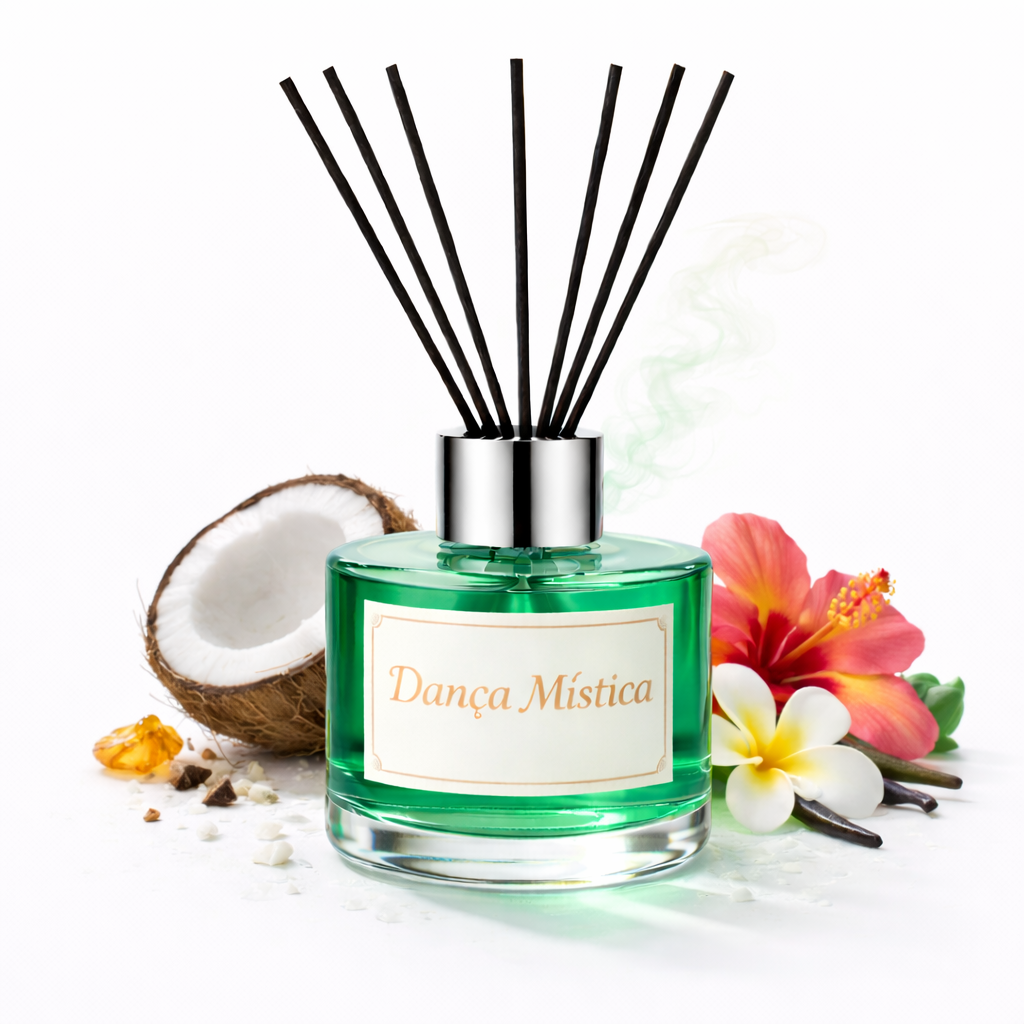 Diffuser with reeds, coconut, flowers, and vanilla beans on a white background