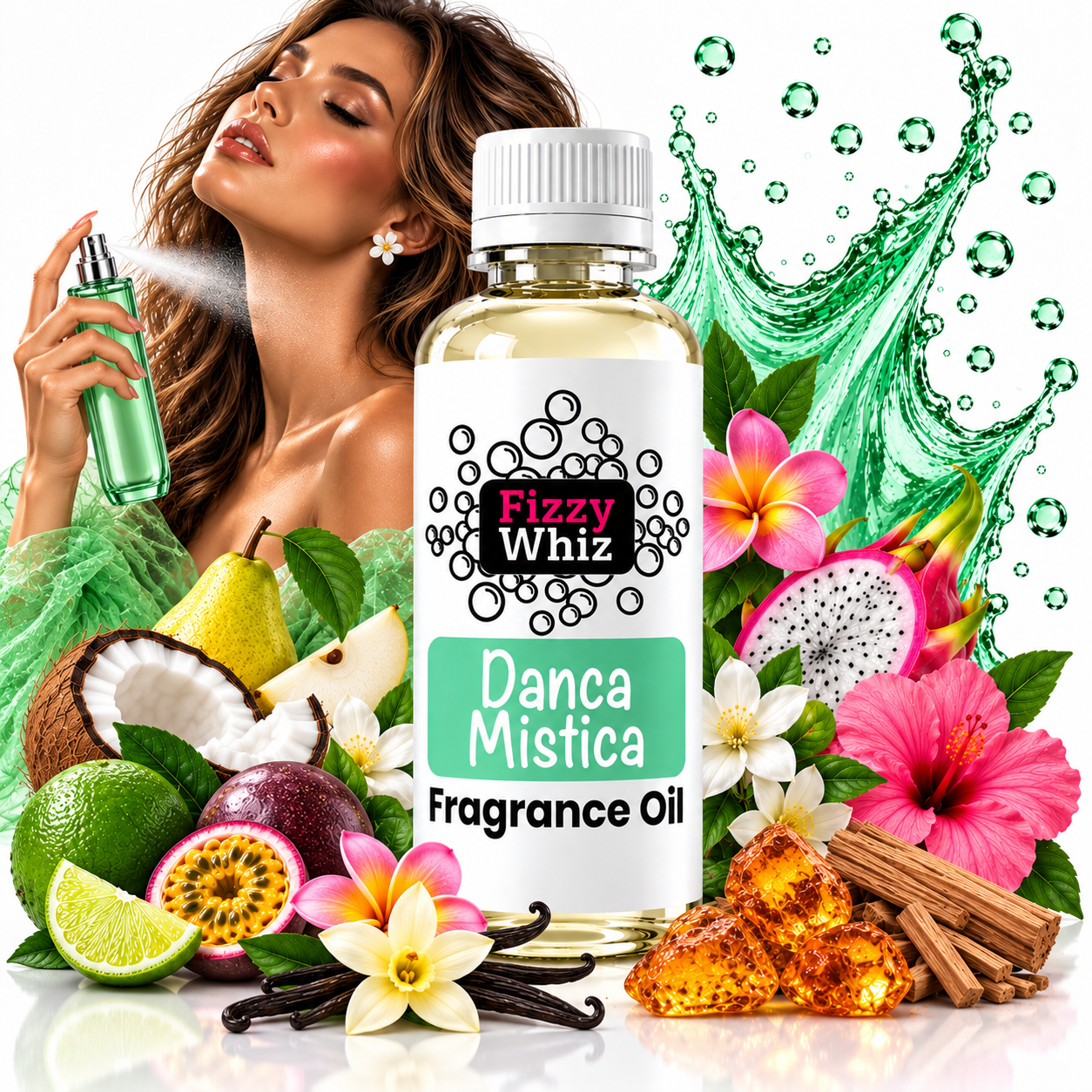 A bottle of Fizzy Whiz Danca Mistica Fragrance Oil centered on a white background, surrounded by tropical fruits, flowers, honeycomb, cinnamon sticks, and a woman holding a green perfume spray bottle. A green splash graphic appears behind the bottle.