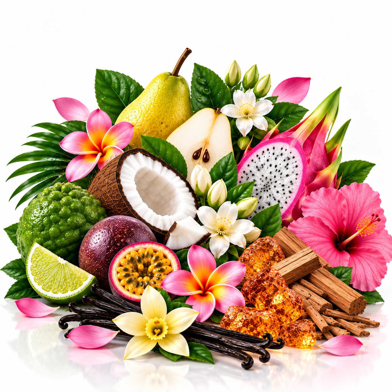 A vibrant tropical fruit and spice arrangement on a white background, featuring pink hibiscus flowers, a yellow pear, a halved coconut, dragon fruit, lime, passion fruit, vanilla beans, cinnamon sticks, and amber honeycomb.