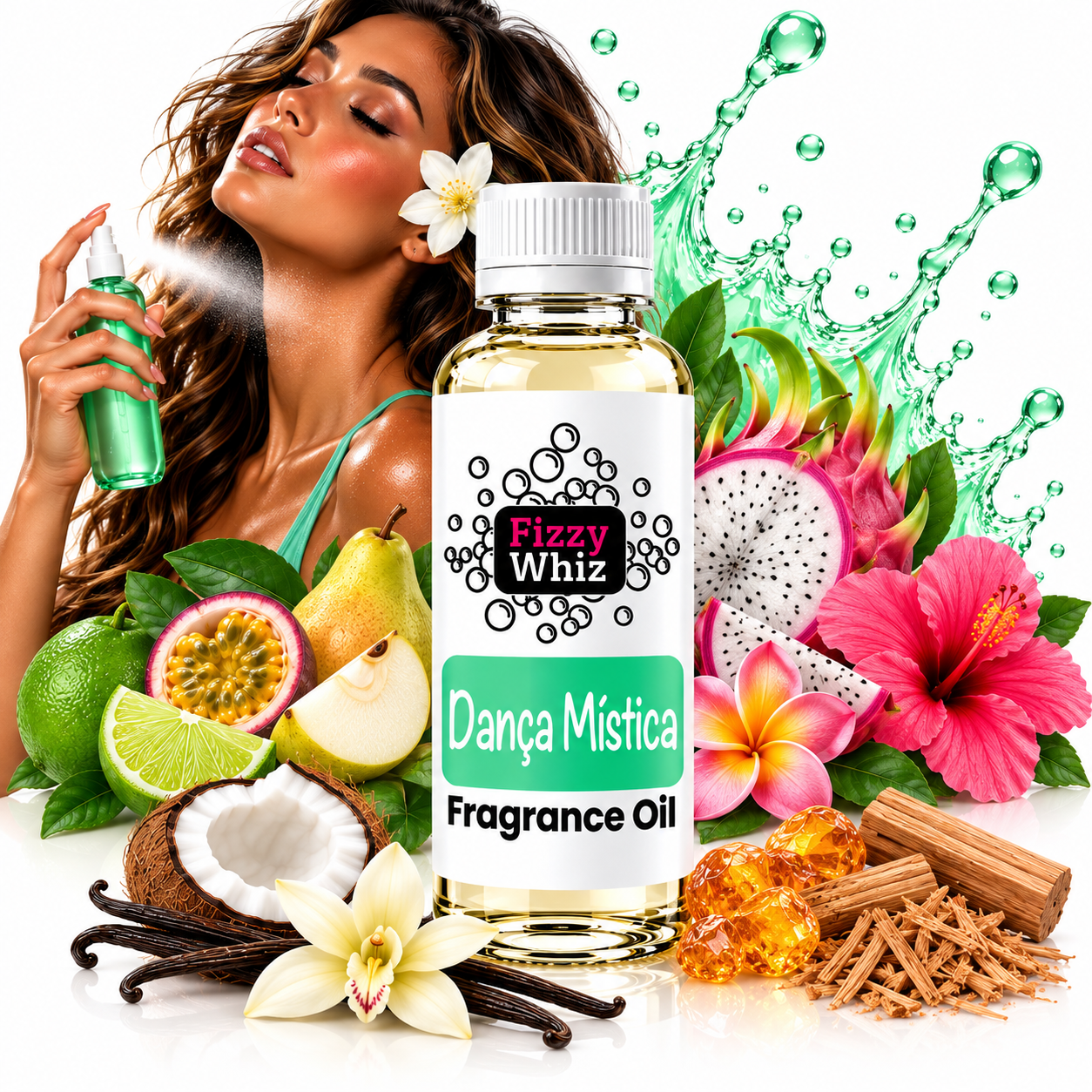A bottle of Fizzy Whiz 'Dança Mística' fragrance oil is centered, surrounded by tropical fruits, flowers, vanilla beans, and a woman holding a matching green spray bottle against a white background with green splash graphics.