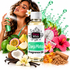 A bottle of Fizzy Whiz 'Dança Mística' fragrance oil is centered, surrounded by tropical fruits, flowers, vanilla beans, and a woman holding a matching green spray bottle against a white background with green splash graphics.