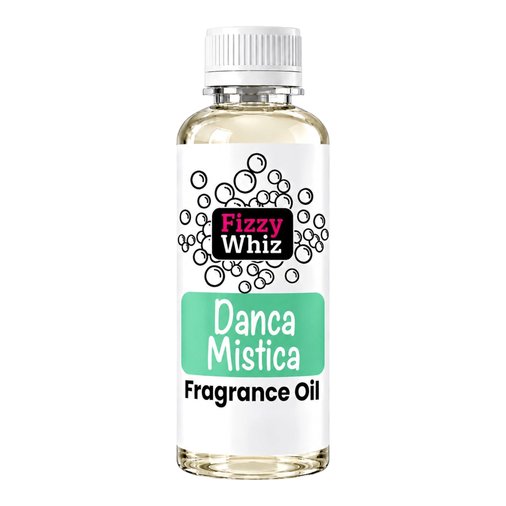 A bottle of Fizzy Whiz Danca Mistica Fragrance Oil, featuring a white cap, clear glass bottle showing the pale yellow oil inside, and a white label with a mint green banner and black text.