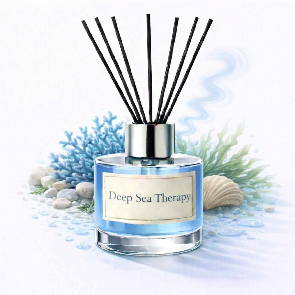 Diffuser with 'Deep Sea Therapy' label surrounded by decorative elements on a light background