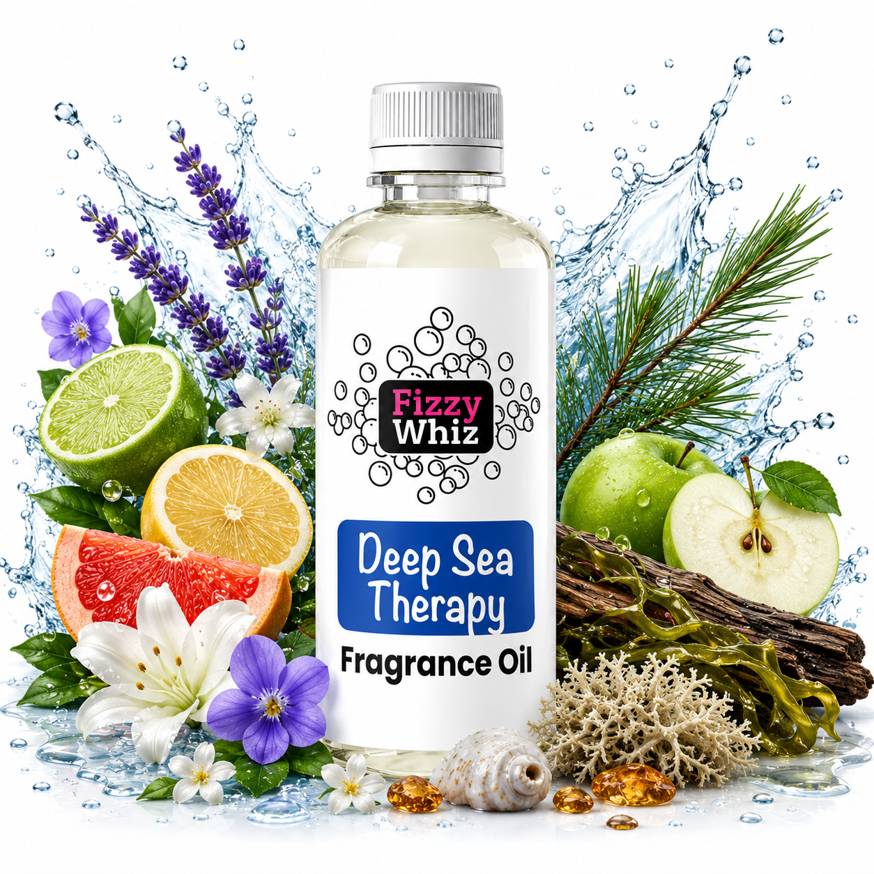 A bottle of Fizzy Whiz Deep Sea Therapy Fragrance Oil centered on a white background, surrounded by illustrative scent ingredients including citrus slices, lavender, green apples, pine needles, flowers, driftwood, and water splashes.
