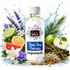 A bottle of Fizzy Whiz Deep Sea Therapy Fragrance Oil centered on a white background, surrounded by illustrative scent ingredients including citrus slices, lavender, green apples, pine needles, flowers, driftwood, and water splashes.