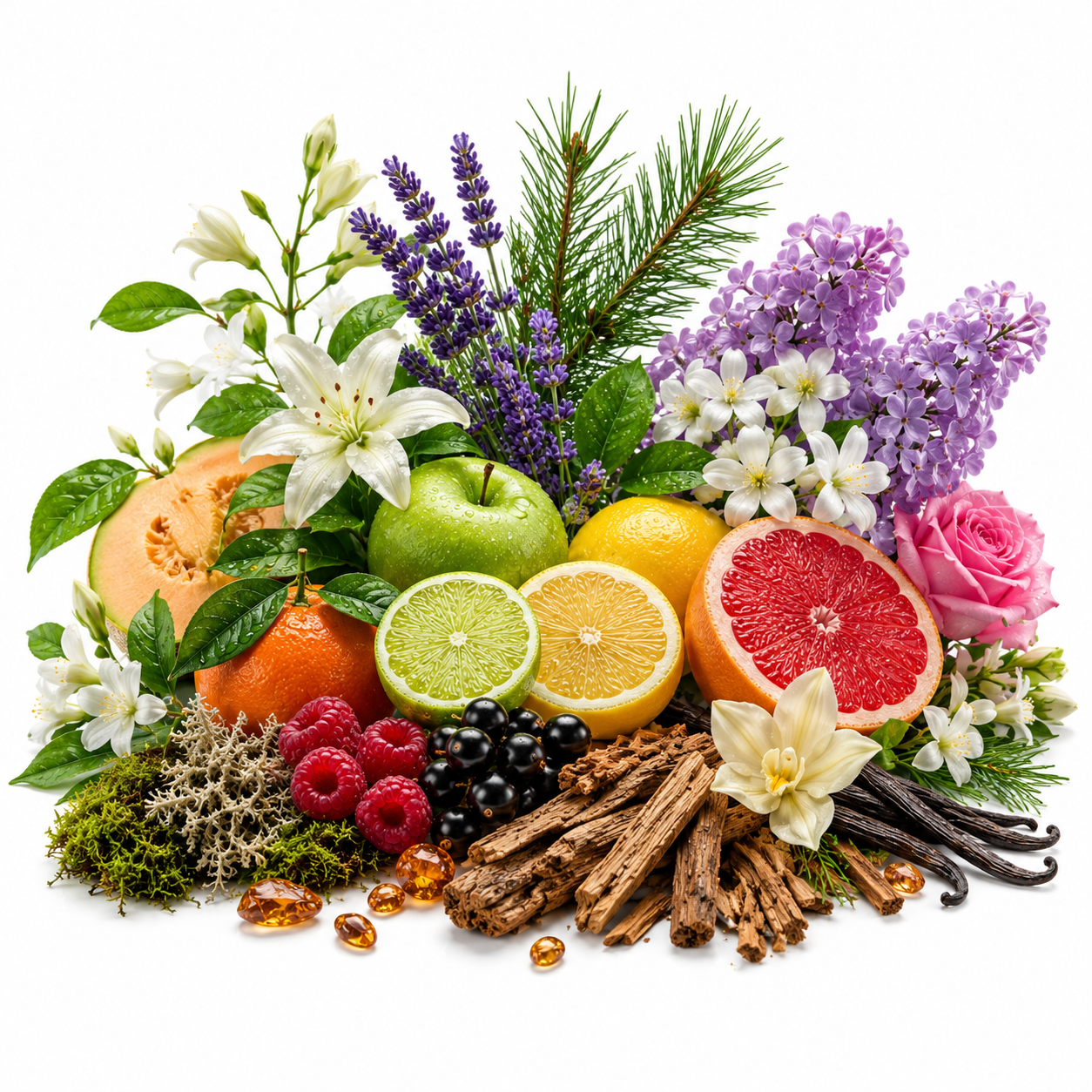 A colorful botanical and botanical ingredient arrangement on a white background, including citrus fruits, berries, flowers, leaves, bark, and amber capsules.