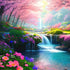 A vibrant and idyllic nature scene with a waterfall, lush greenery, and colorful flowers.