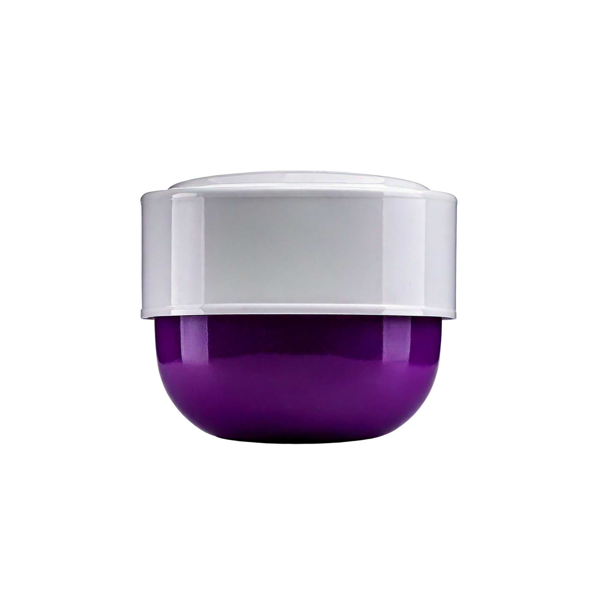 Small round cosmetic jar with a deep purple base and a semi-transparent light purple lid, shown upright on a light background.