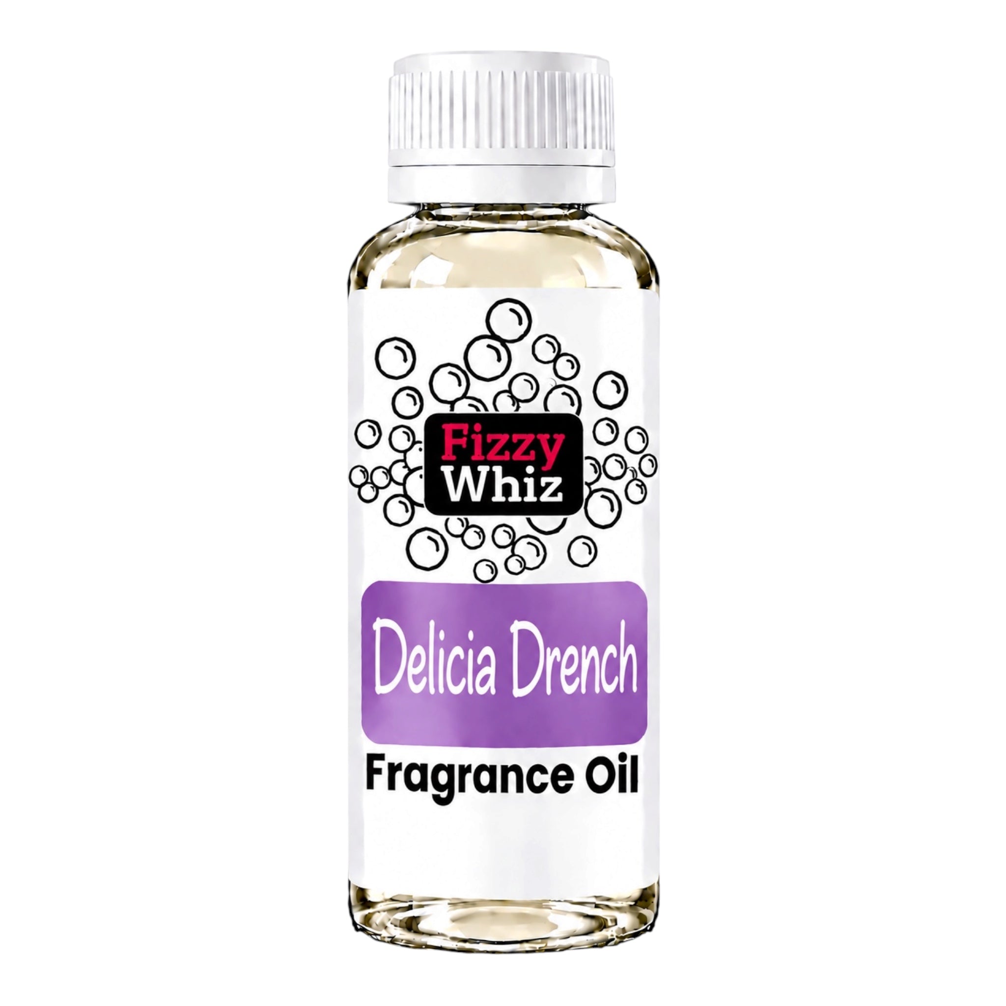 A bottle of Fizzy Whiz Delicia Drench Fragrance Oil on a solid white background. The bottle is clear glass showing the pale yellow liquid inside, topped with a white ribbed cap and a white label featuring the brand logo and purple text.