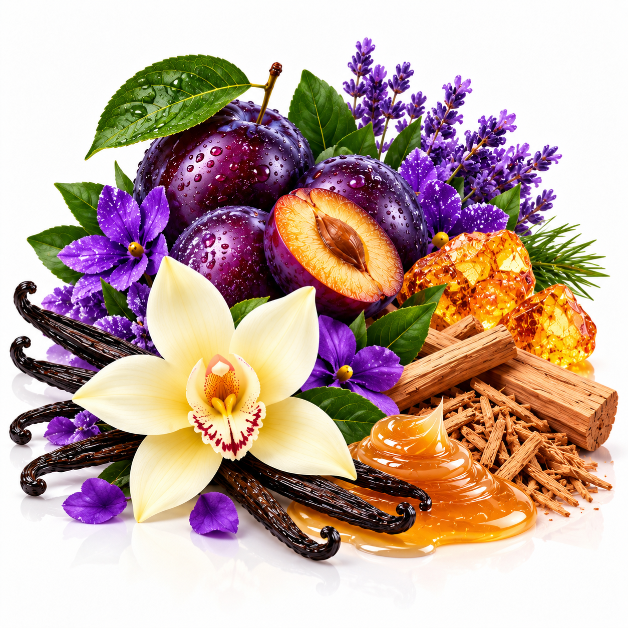 A styled botanical product arrangement on a white background featuring dark purple plums, purple flowers, green leaves, vanilla beans, cinnamon sticks, amber honey, and a cream orchid flower.